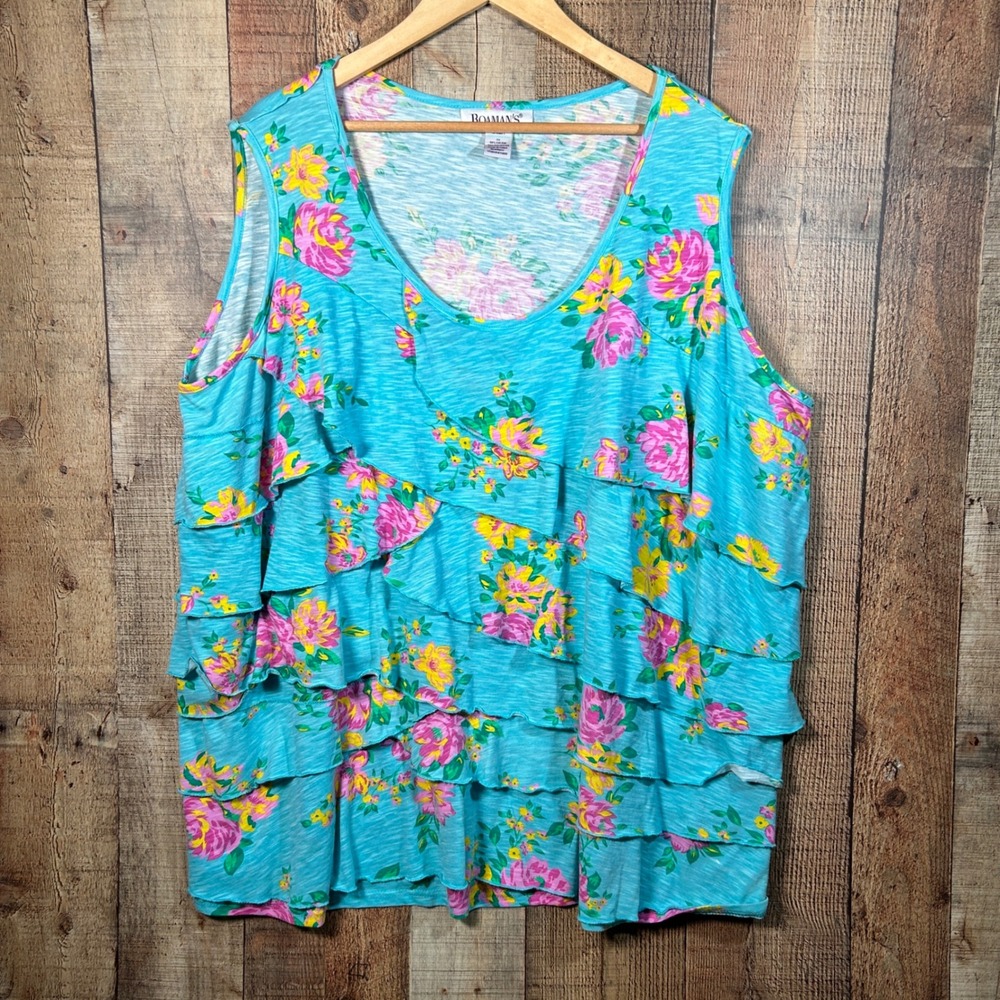 Roaman's Blue Floral Cotton Blend Tiered Ruffle Sleeveless Tank Top Plus Size 3X